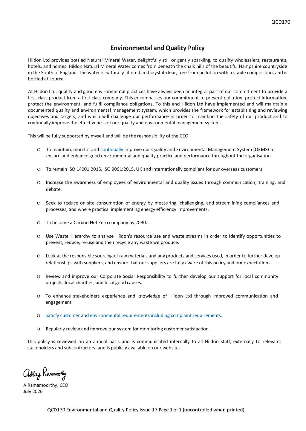 A black-and-white document page titled 'Environmental and Quality Policy' with text blocks, a company logo, and a signature block at the bottom.