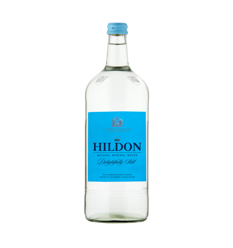 1Lt Hildon glass bottle, light blue label and bottle top indicating still mineral water