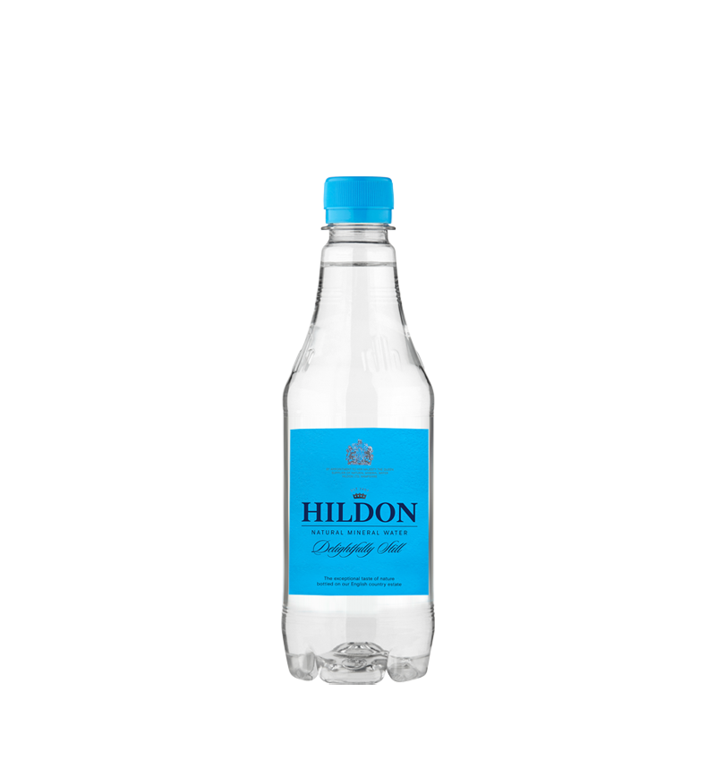Hildon Water PET Plastic 500ml bottle, light blue label and screw top. 