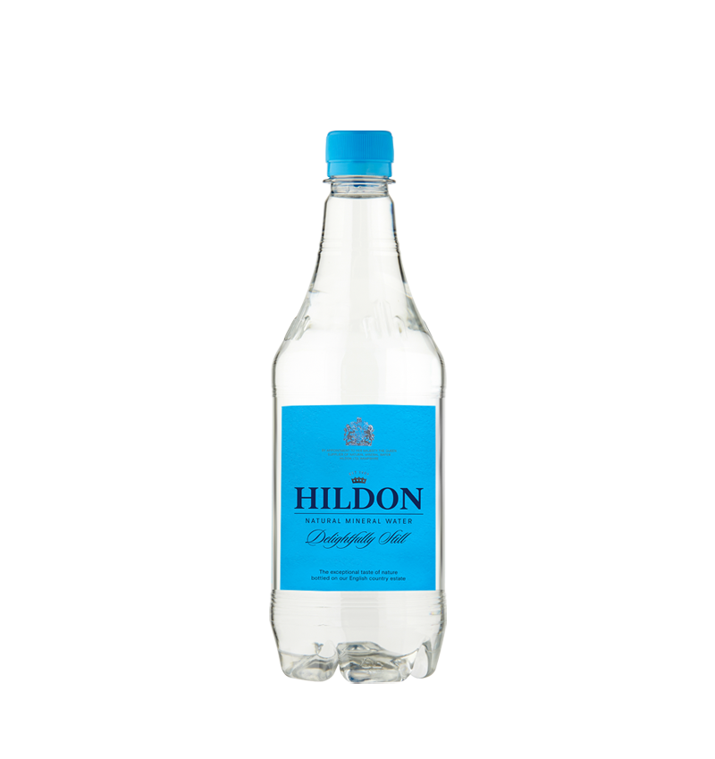 Plastic PET bottle of Hildon still water with light blue label and bottle cap, text, logo and royal warrant in Hildon Deep Blue colour.