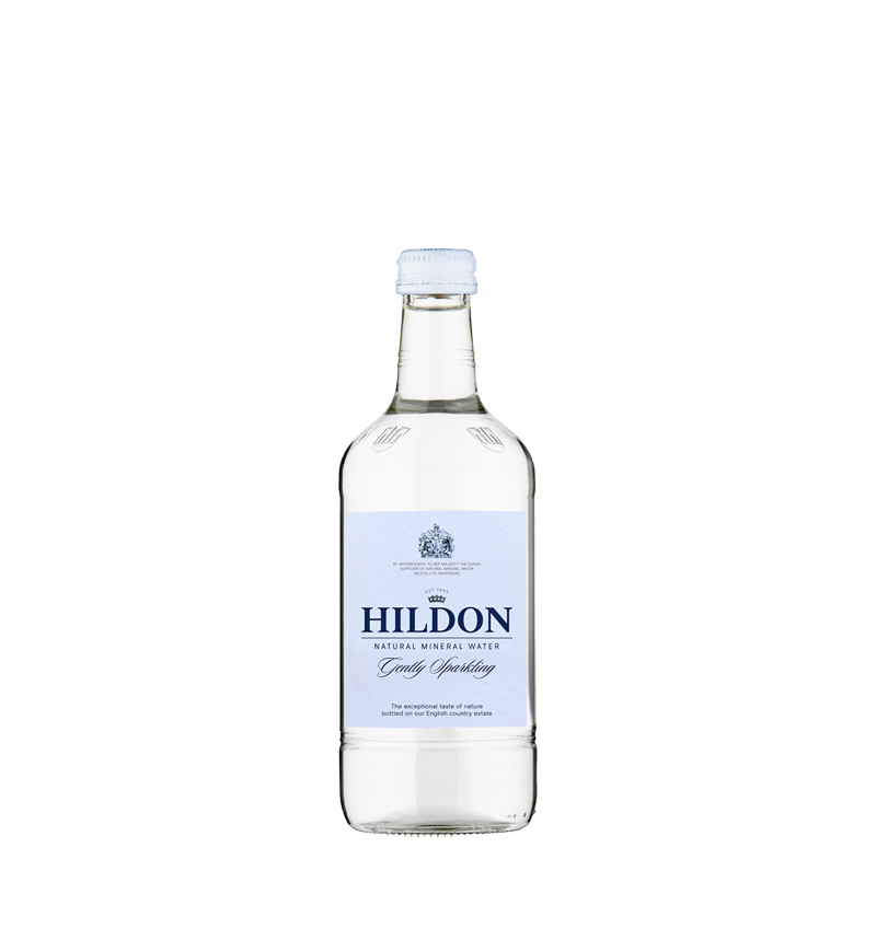 500ml small clear glass bottle of gently sparkling mineral water with White Label with dark blue text and logo and white bottle cap